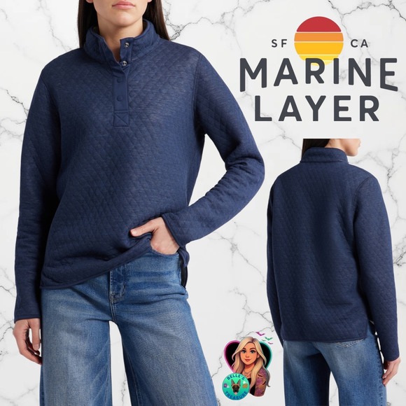 Marine Layer Tops - Marine Layer Corbet Quilted Pullover Navy Blue Snap Neck Sweatshirt Women's XS